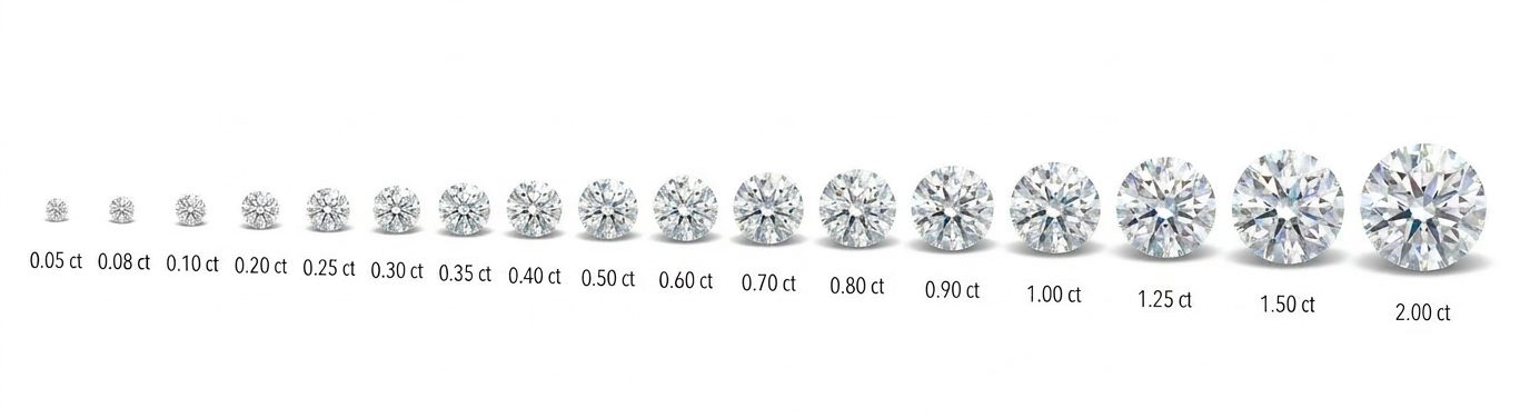 Größenvergleich runder Diamanten von 0,05 bis 5,00 Karat