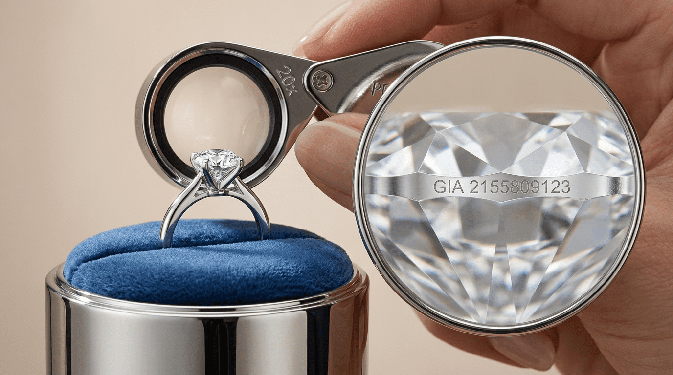 Laborreport, Zertifikat und Laserinschrift eines Diamanten