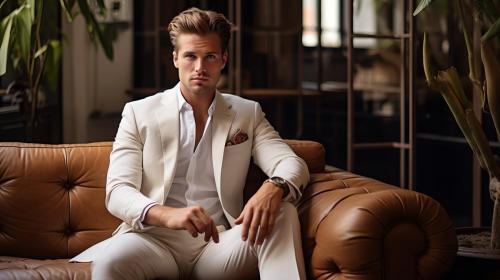 009-An attractive man in a beige suit is relaxing on a sofa at home.
